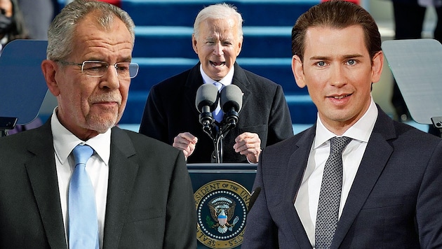 Bundespräsident Alexander Van der Bellen und Bundeskanzler Sebastian Kurz freuen sich darüber, dass „die USA wieder an Bord sind“. (Bild: APA/AFP/Getty Images, BKA/Andy Wenzel, APA/Helmut Fohringer, Krone KREATIV)