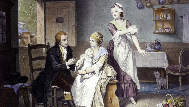 Der historische Holzstich zeigt den Mediziner Edward Jenner bei einer Pockenimpfung (Bild: Reiter)