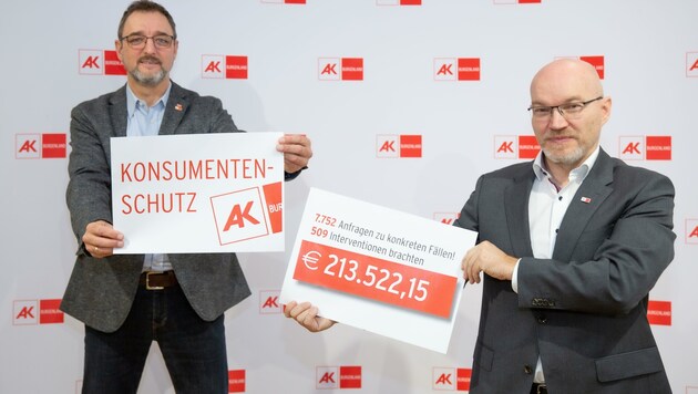 AK-Präsident Michalitsch (links) und Leiter der AK-Konsumentenschutzabteilung Koisser ziehen Corona-Bilanz. (Bild: AK Burgenland)