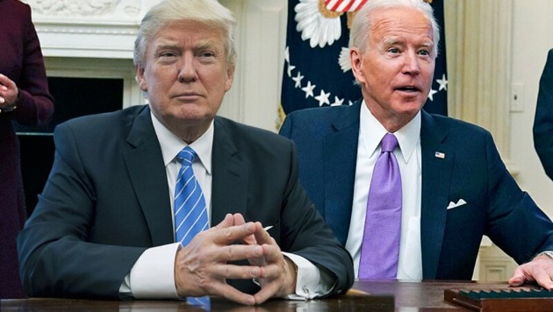 Biden setzt die Politik seines republikanischen Vorgängers Donald Trump im Wirtschaftskrimi mit China fort. (Bild: AP, AFP, Krone KREATIV)