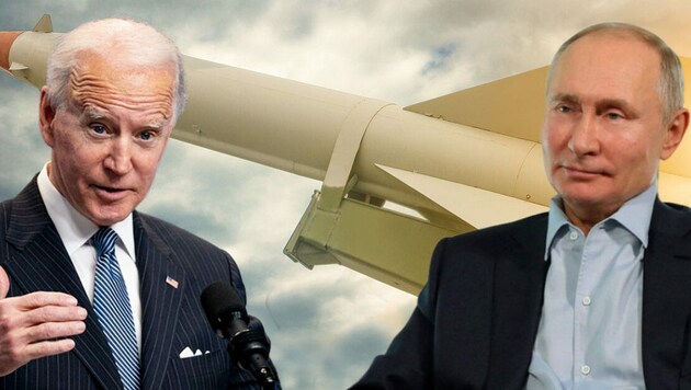 von links: Die Präsidenten Joe Biden (USA) und Wladimir Putin (Russland) (Bild: Atomwaffen: stock.adobe.de Putin: AP Biden: AP,Krone Kreativ)