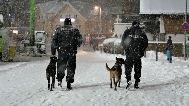 Eine Streife der Diensthundestaffel in Schladming bei dichtem Schneefall. (Bild: LPD Stmk/Knapp)