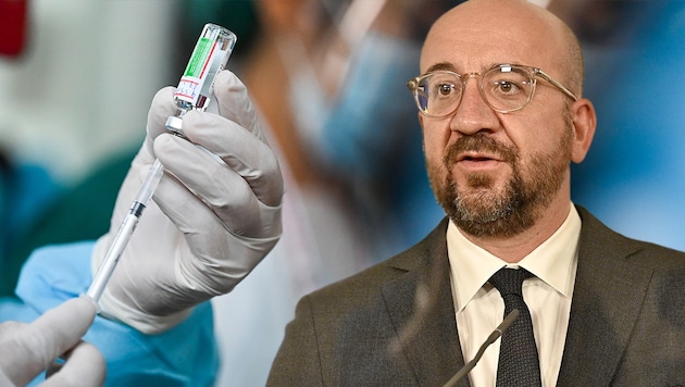 EU-Ratspräsident Charles Michel brachte im Streit mit AstraZeneca nun auch Notmaßnahmen ins Spiel. (Bild: APA/HANS PUNZ, YE AUNG THU, Krone KREATIV)