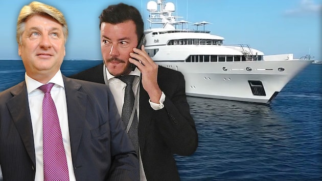 Ronny Pecik (li.) und René Benko: bei Luxus-Booten denselben Geschmack (Bild: APA, Screenshot: superyachtcharteribiza.com, Krone KREATIV)