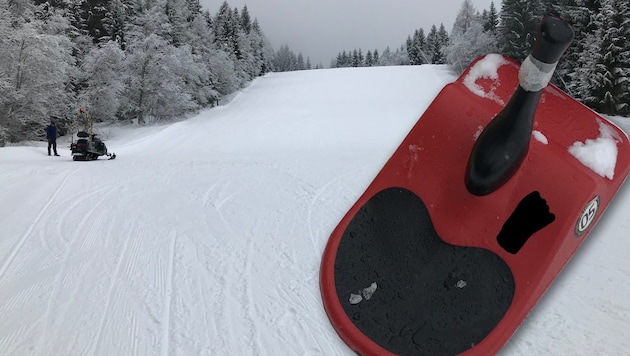Die Unfallstelle im Skigebiet Weißensee und der Minibob, mit dem der 17-jährige Klagenfurter unterwegs war (Bild: Polizei Greifenburg)