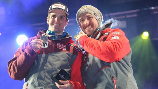 Hofft in Cortina wie 2017 auf eine Überraschung: Roland Leitinger (li.), damals RTL-Vizeweltmeister hinter Marcel Hirscher (re.). (Bild: Christof Birbaumer)