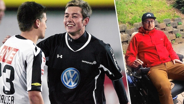 Kevin Thonhofer vor ein paar Jahren und heute. Als Fußball-Legionär und jetzt im Rollstuhl. (Bild: GEPA Pictues/Matthias Hauser, zVg, Krone KREATIV)