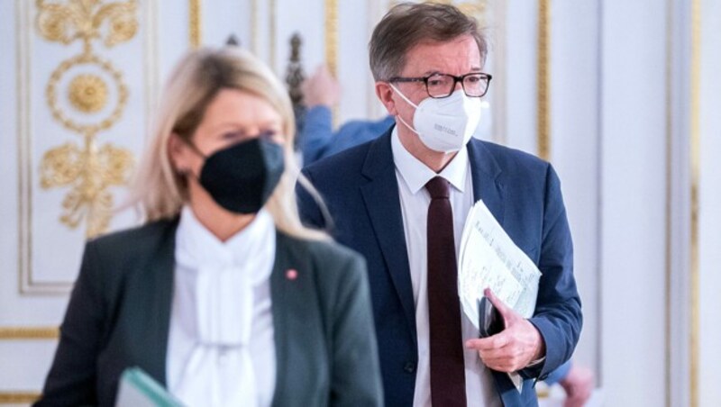 Verteidigungsministerin Tanner und Gesundheitsminister Anschober standen der Presse nach dem Ministerrat Rede und Antwort. (Bild: APA/GEORG HOCHMUTH)