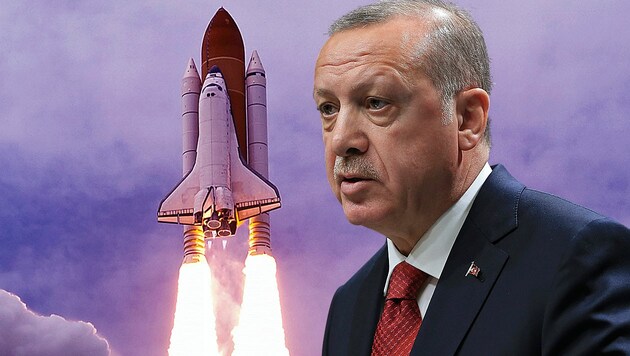 Präsident Recep Tayyip Erdogan will bis 2023 eine türkische Rakete am Mond landen sehen. (Bild: stock.adobe.com, AP, Krone KREATIV)