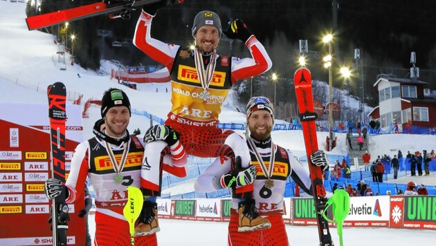2019 in Aare gab‘s im abschließenden Slalom einen legendären Dreifachsieg: Hirscher vor Matt und Schwarz. (Bild: Christof Birbaumer)