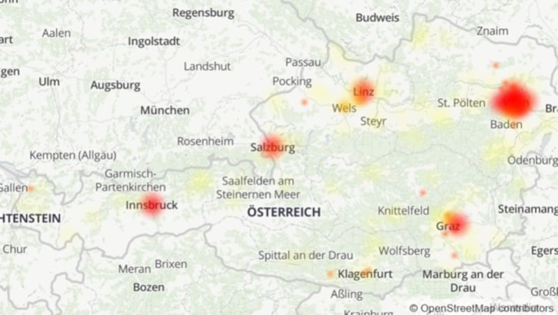 Tausende Störungsmeldungen gingen von A1-Kunden aus ganz Österreich ein. Besonders aus den Ballungsräumen wurden Ausfälle gemeldet. (Bild: Screenshot, allestoerungen.at)