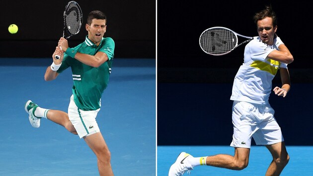 Novak Djokovic (li.) und Daniil Medwedew (Bild: APA/AFP/William WEST, David Gray)