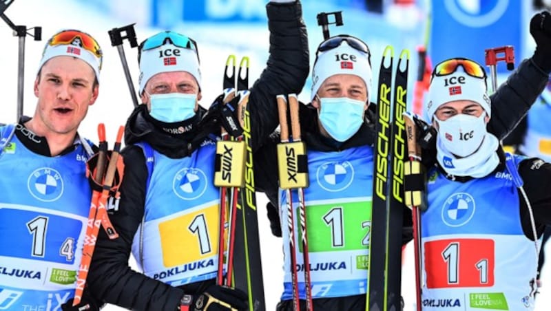 Norwegen Weltmeister: Vetle Christiansen, Johannes Thingnes Boe, Tarjei Boe und Sturla Holm Laegreid. (Bild: AFP/Joe Klamar)