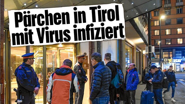 25. Februar 2020: Polizisten riegeln das Hotel Europa ab. Davor auch verdutzte Gäste, die nicht hineindürfen. (Bild: Zeitungsfoto.at, Kronen Zeitung, Krone KREATIV;)