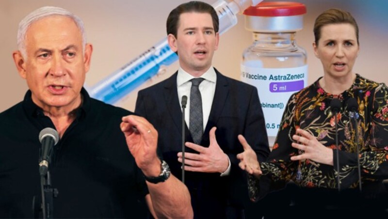 Gruppe der „First Mover“: Sebastian Kurz reist am 4. März mit der dänischen Ministerpräsidentin Mette Frederiksen nach Israel zu Premier Benjamin Netanyahu. (Bild: APA, AP,Krone Kreativ)