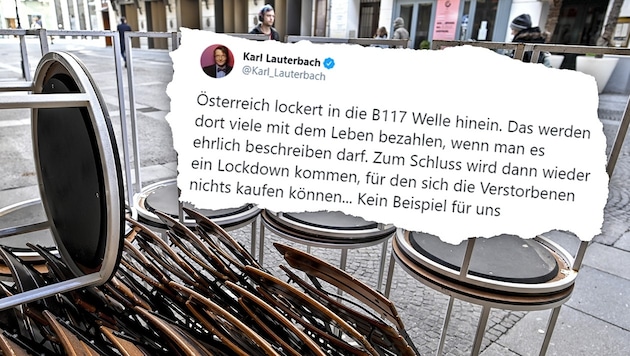 Handel und Schulen haben bereits geöffnet - ab 27. März dürfen in Österreich Schanigärten wieder öffnen. SPD-Politiker Karl Lauterbach schmeckt das so gar nicht. (Bild: APA; Twitter.com, Krone KREATIV)