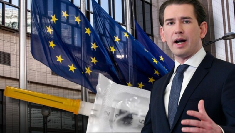 Auch Bundeskanzler Sebastian Kurz (ÖVP) will sich in Zukunft nicht mehr nur auf die EU verlassen und strebt gemeinsam mit Dänemark eine Kooperation mit Israel bei der Produktion von Corona-Impfstoffen der zweiten Generation an. (Bild: AFP (2), APA, Krone KREATIV)