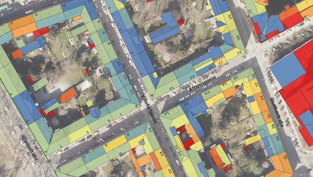 Wärmeverlust über das Dach: Bei rot eingefärbten Häusern ist die Dämmung schlecht. (Bild: Stadt Graz/Ganster Winfried)