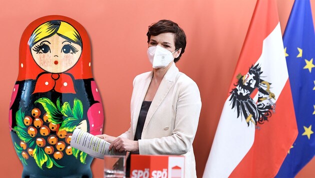 Steht mit ihrer Meinung in der Partei oft alleine da: Chefin Pamela Rendi-Wagner. Die SPÖ als Polit-Matrjoschka. (Bild: APA; stock.adobe.com; Krone KREATIV)