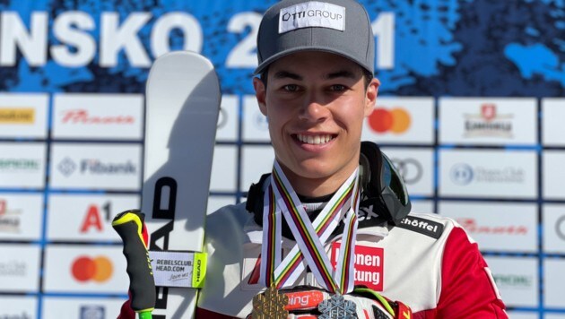 Der Mellauer Lukas Feurstein war mit Riesentorlauf-Gold und Super-G-Silber der erfolgreichste Athlet bei den Junioren-Weltmeisterschaften 2021 in Bansko. (Bild: ÖSV/Schrammel)