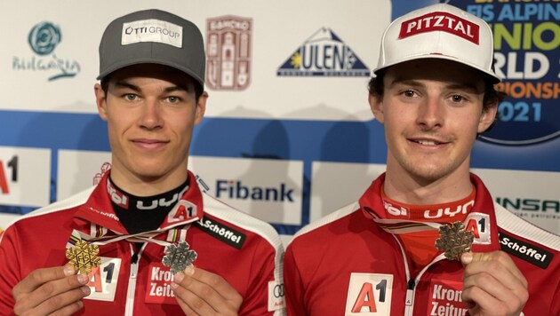 Lukas Feurstein (li.) und Joshua Sturm waren beim Junioren-WM-Slalom stark unterwegs. Feurstein wurde Sechster, Sturm holte Bronze. (Bild: ÖSV/Schrammel)