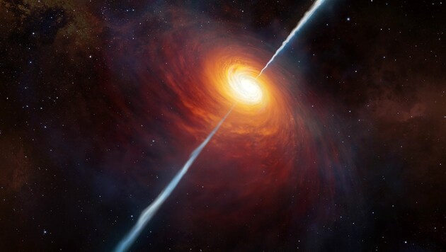 Künstlerische Darstellung eines Quasars wie P172+18 (Bild: ESO/M. Kornmesser)