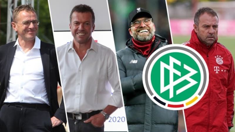 Ralf Rangnick, Lothar Matthäus, Jürgen Klopp und Hansi Flick (von li. nach re.) (Bild: GEPA, DFB, Krone KREATIV)