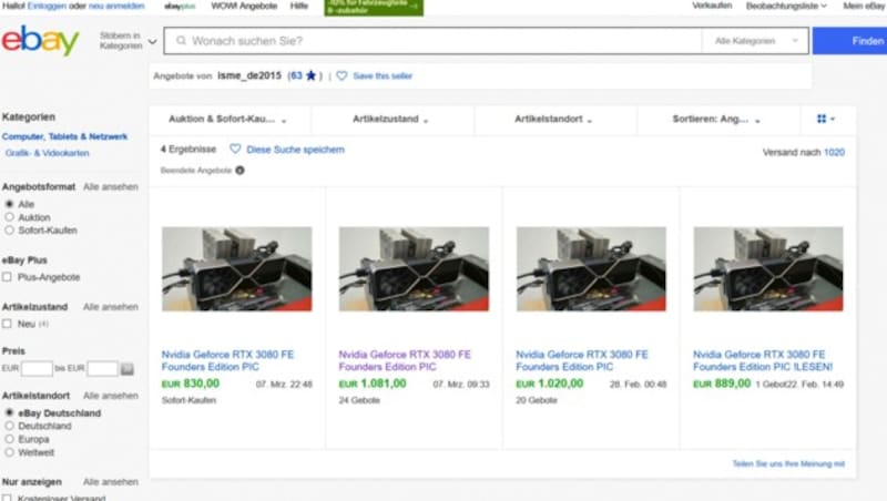 Ein Anbieter auf eBay verkauft einen Ausdruck des Fotos einer Grafikkarte, das er gar nicht selbst geknipst hat. (Bild: Screenshot, ebay.de)