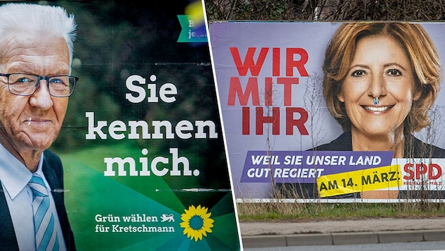 Am Sonntag stehen Landtagswahlen in den deutschen Bundesländern Baden-Württemberg und Rheinland-Pfalz an. (Bild: AP, Krone KREATIV)