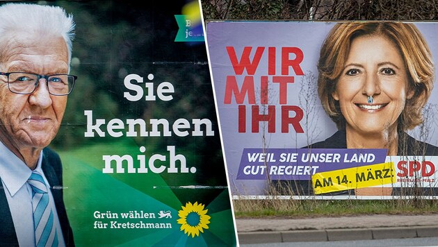 Am Sonntag stehen Landtagswahlen in den deutschen Bundesländern Baden-Württemberg und Rheinland-Pfalz an. (Bild: AP, Krone KREATIV)