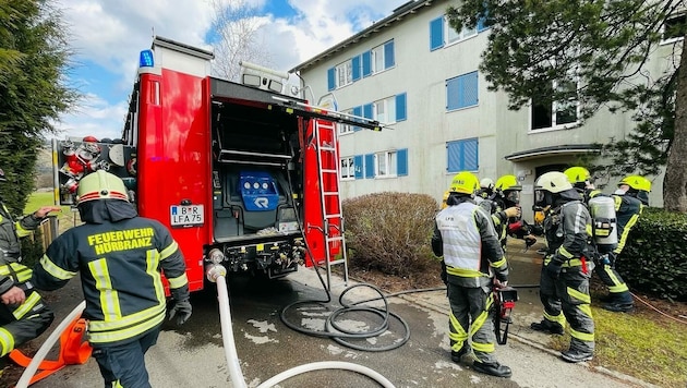 Die Feuerwehren rückten mit 60 Mann nach Hörbranz aus, die verletzte Frau wurde mit „Gallus 1“ ins Spital geflogen. (Bild: zvg/Freiwillige Feuerwehr Lochau)