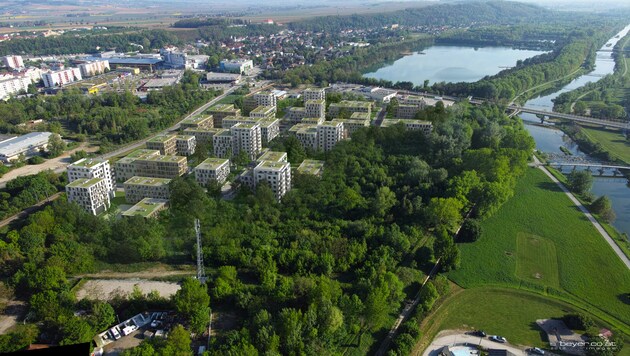 So sieht der ursprüngliche Plan auf den WWE-Gründen aus. Die Stadt möchte nun zwei Hektar im Süden unverbaut lassen. (Bild: www.beyer.co.at)