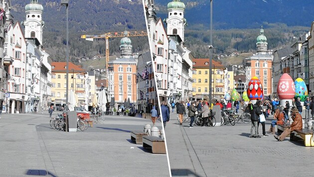 Viel frequentierte Plätze wie in Innsbruck waren im März 2020 plötzlich leer gefegt. Ein Jahr später kehren mit dem Frühling das Leben und die Hoffnung auf die Straßen zurück. (Bild: Christof Birbaumer)