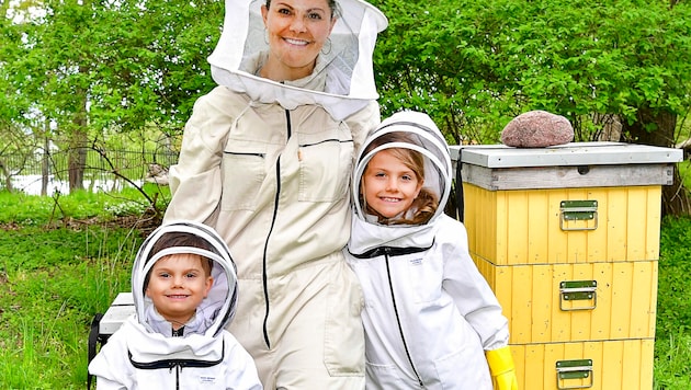 Die Mini-Imker Prinz Oscar und Prinzessin Estelle mit ihrer Mama, Kronprinzessin Victoria von Schweden: „Bienen sind so wichtig für die Artenvielfalt.“ (Bild: Jonas Ekströmer / TT News Agency / picturedesk.com)