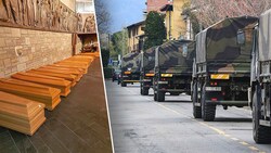 Militär-Konvoi transportiert Särge aus Bergamo: Die Bilder hatten die Welt erschüttert und waren zum Symbol der Corona-Tragödie in Norditalien geworden. (Bild: STRINGER/ANSA/AFP, Miguel MEDINA/AFP)