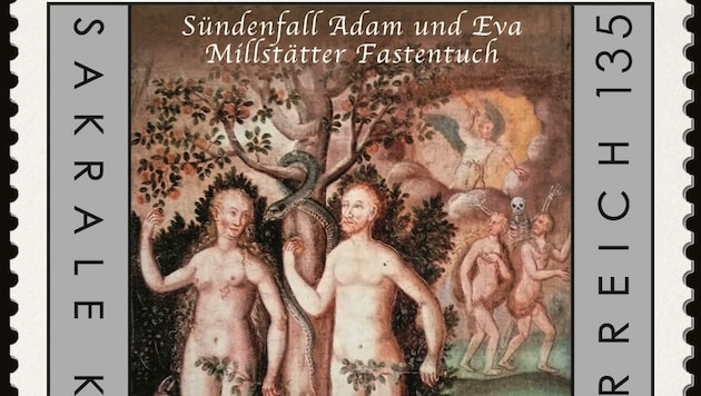 Adam und Eva vor dem Baum der Erkenntnis (Bild: Philatelistenverein St. Gabriel)