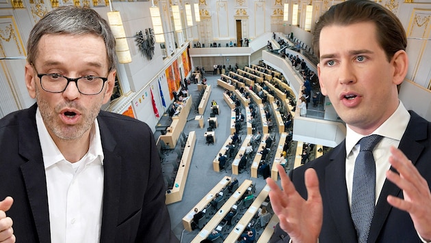 Zwischen Herbert Kickl (FPÖ) und Sebastian Kurz (ÖVP) entbrannte eine hitzige Debatte. (Bild: APA/Georg Hochmuth, APA/Roland Schlager, Krone KREATIV)
