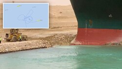Die Route der „Ever Given“, als sie auf die Erlaubnis wartet, in den Suezkanal einzulaufen. (Bild: Screenshot VesselFinder/Youtube, AFP, Krone KREATIV)