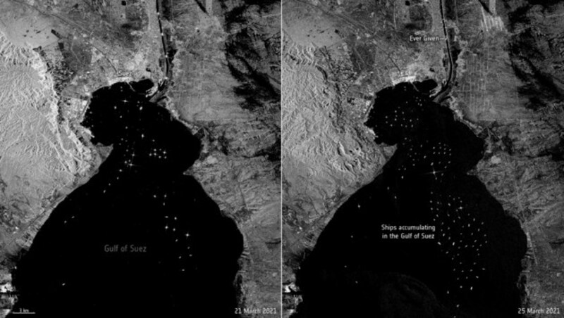 Satellitenbilder zeigen den massiven Stau vor dem Suezkanal. Links der Verkehr am 21. März vor der Blockade, rechts ein Bild vom 25. März, in dem sich mehr als 200 Schiffe stauen. (Bild: AP)