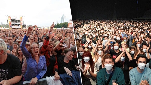 Wird es jemals wieder so wie vorher (links)? Ein Konzert in Pandemie-Zeiten am 27. März in Barcelona (rechts). (Bild: AFP/Lluis Gen, Gerhard Bartel, Krone KREATIV)