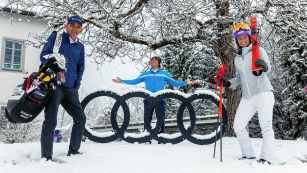 Schnee statt Golf: Ex-Skistar Kirchgasser mit den Pros Markus Brier und Niklas Regner. (Bild: Foto: GEPA-pictures / Audi Circu)