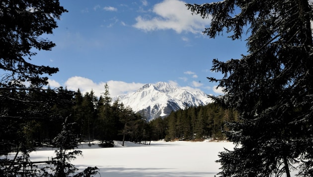 Der zugefrorene Möserer See mit Blick Richtung nördliche Stubaier Alpen (Bild: Peter Freiberger)