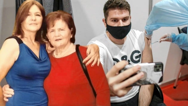 Links im Bild: Tochter Viktoria aus Wien ist froh, dass ihre Mutter (73) in Serbien geimpft wurde. Rechts im Bild: Ein Bosnier macht gar ein Selfie bei der Impfung in Belgrad. (Bild: AFP/zVg, Krone KREATIV)