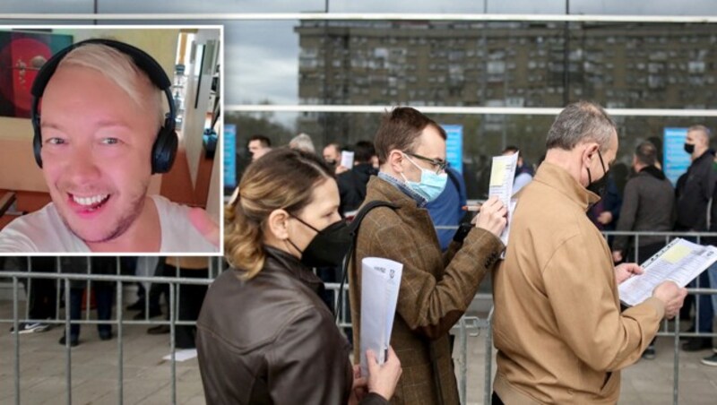 Hannes Scharnagl (kl. Bild): Meine Kollegin kommt ursprünglich aus Serbien und hat mich dann auch auf der Website für einen Impftermin angemeldet. Vier Tage später kam die Nachricht mit dem Termin, wir fuhren nach Belgrad. Großes Bild: Bosnische Staatsbürger warten in Belgrad vor einem Impfzentrum auf ihre Corona-Impfung. (Bild: AFP/zVg, Krone KREATIV)