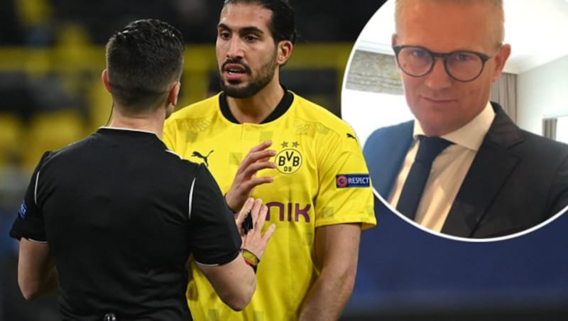 Alf-Inge Haaland (re.) und Emre Can (Mitte), der mit dem Schiedsrichter diskutiert. (Bild: AFP, twitter.com/alfiehaaland)