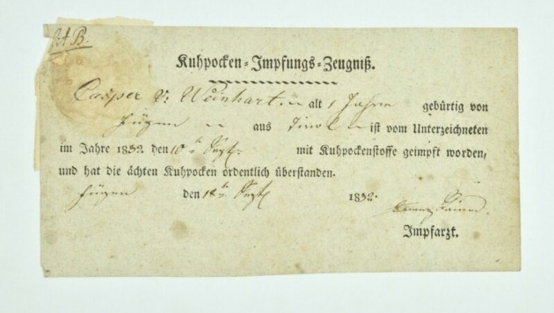 Der „Green-Pass“ der Vergangenheit: Ein Impfzeugnis aus dem Jahre 1832. (Bild: Unterkircher)