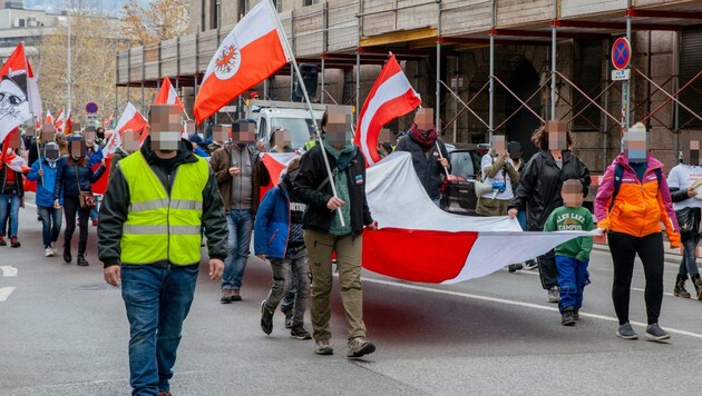 Das Posting entstand bei einer Anti-Corona-Demo in Innsbruck. (Bild: zeitungsfoto.at)