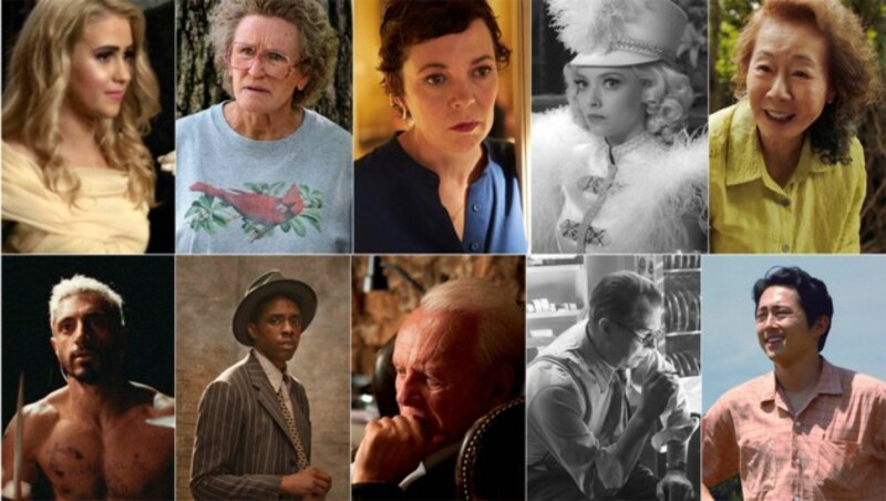 Nominiert als beste Darsteller: Maria Bakalova in „Borat Subsequent Moviefilm“, Glenn Close in „Hillbilly Elegy“, Olivia Colman in „The Father“, Amanda Seyfried in „Mank“ und Yuh-Jung Youn in „Minari“. Riz Ahmed in „Sound of Metal“, Chadwick Boseman in „Ma Rainey‘s Black Bottom“, Anthony Hopkins in „The Father“, Gary Oldman in „Mank“ und Steven Yeun in „Minari“. (Bild: Amazon Studios/Netflix/Sony Pictures Classics/Netflix and A24 via AP)