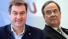 Eine klare Mehrheit der Unionsanhänger findet, dass CSU-Chef Markus Söder (li.) CDU-Chef Armin Laschet als Kanzlerkandidaten ersetzen soll. (Bild: AFP, APA, Krone KREATIV)