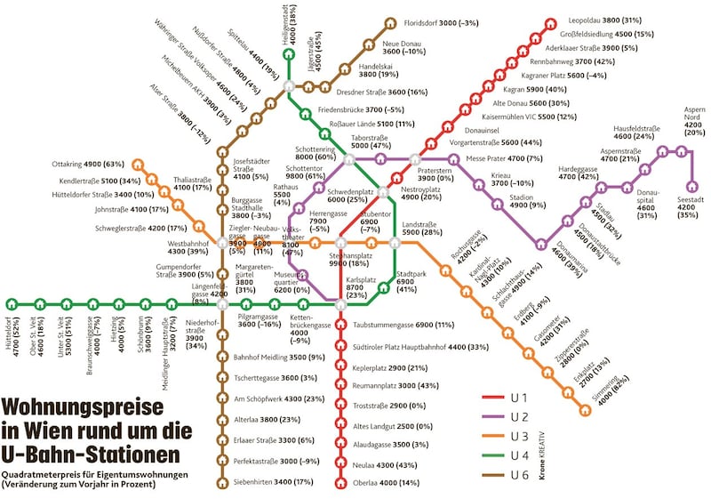 U-Bahn-Plan mit Wohnungspreisen pro Quadratmeter (Bild: Krone KREATIV)